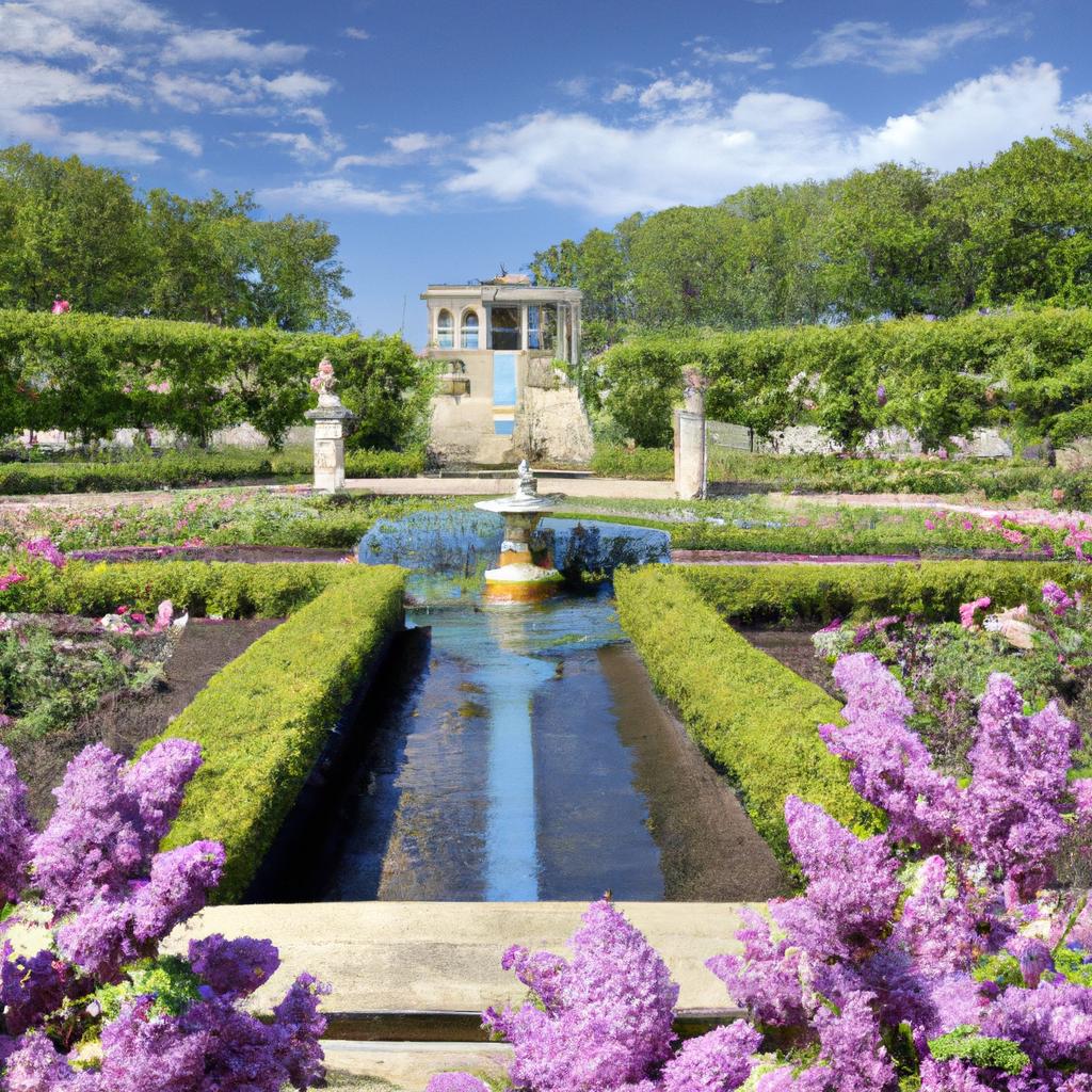 Architectural elements like statues, columns, and fountains enhancing the beauty of an 18th century garden.