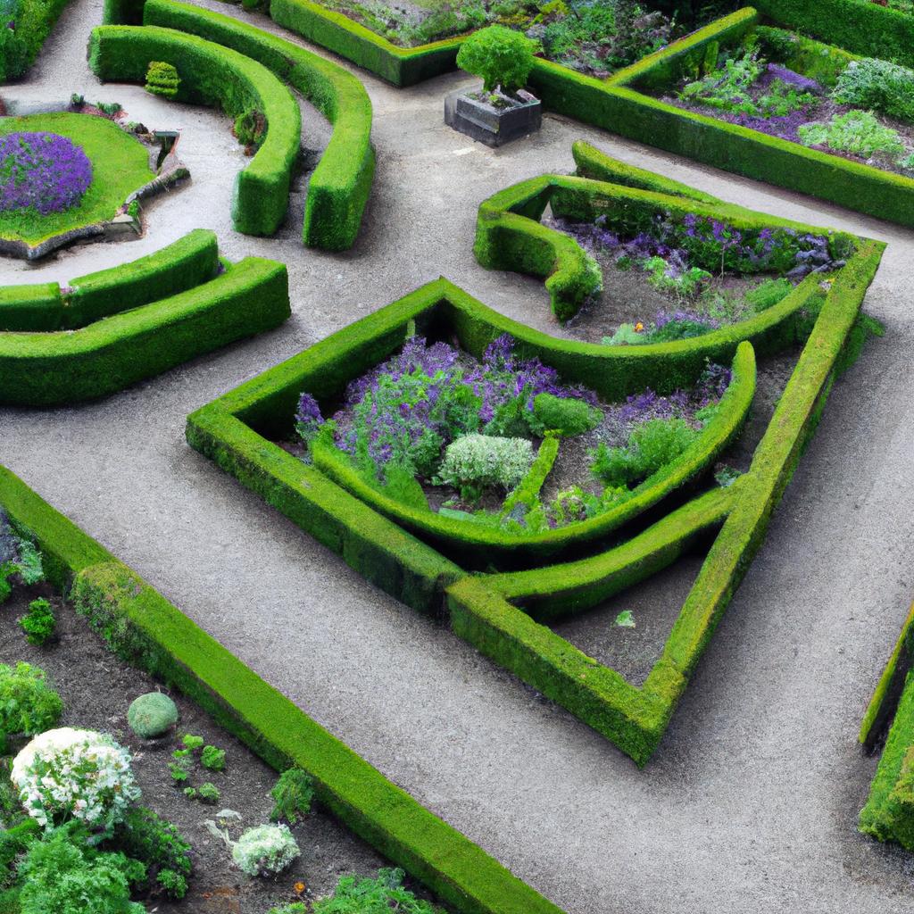 Intricate geometric patterns and shapes adorning the landscape of an 18th century garden.