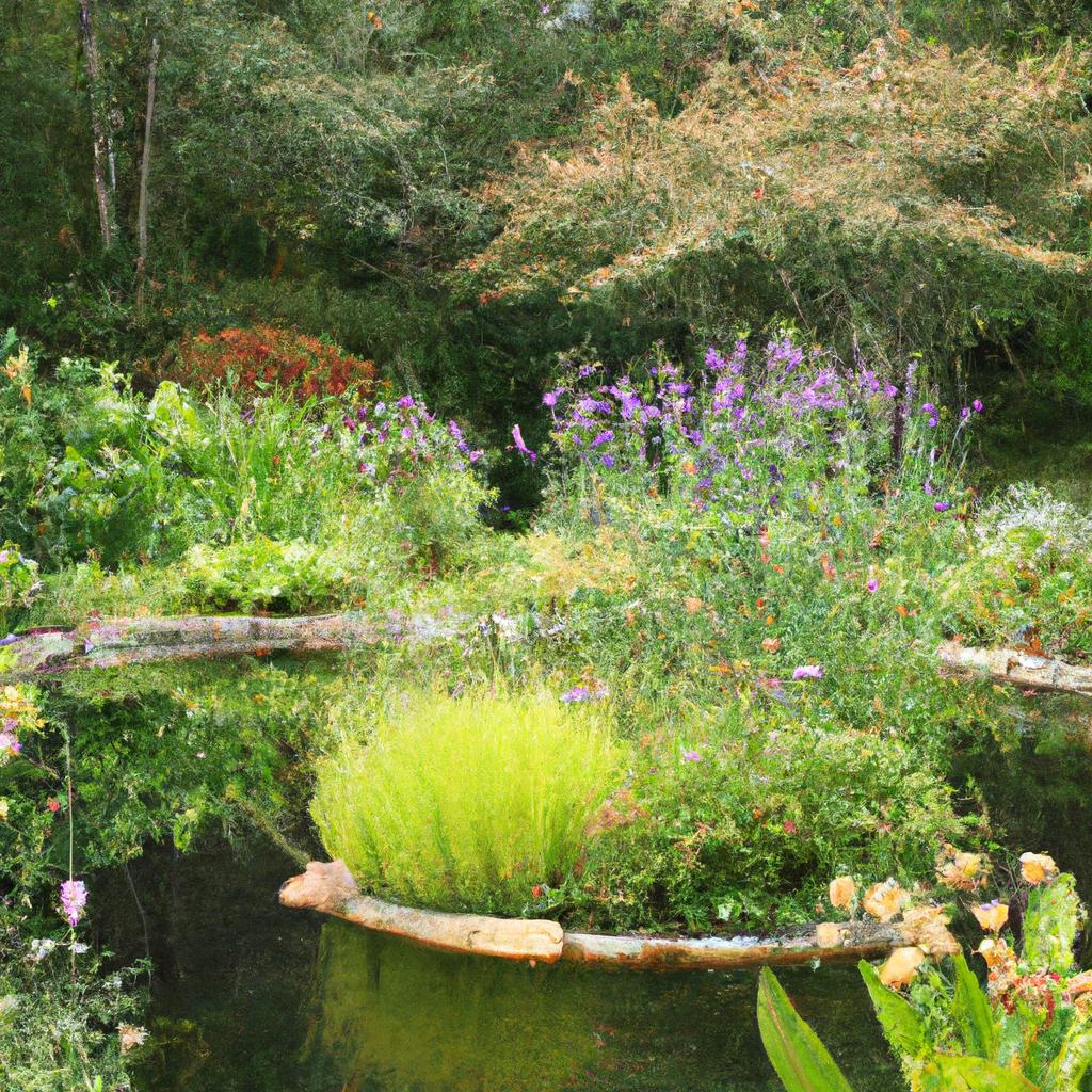 A peaceful pond surrounded by vibrant flowers and lush greenery in an 18th century garden.