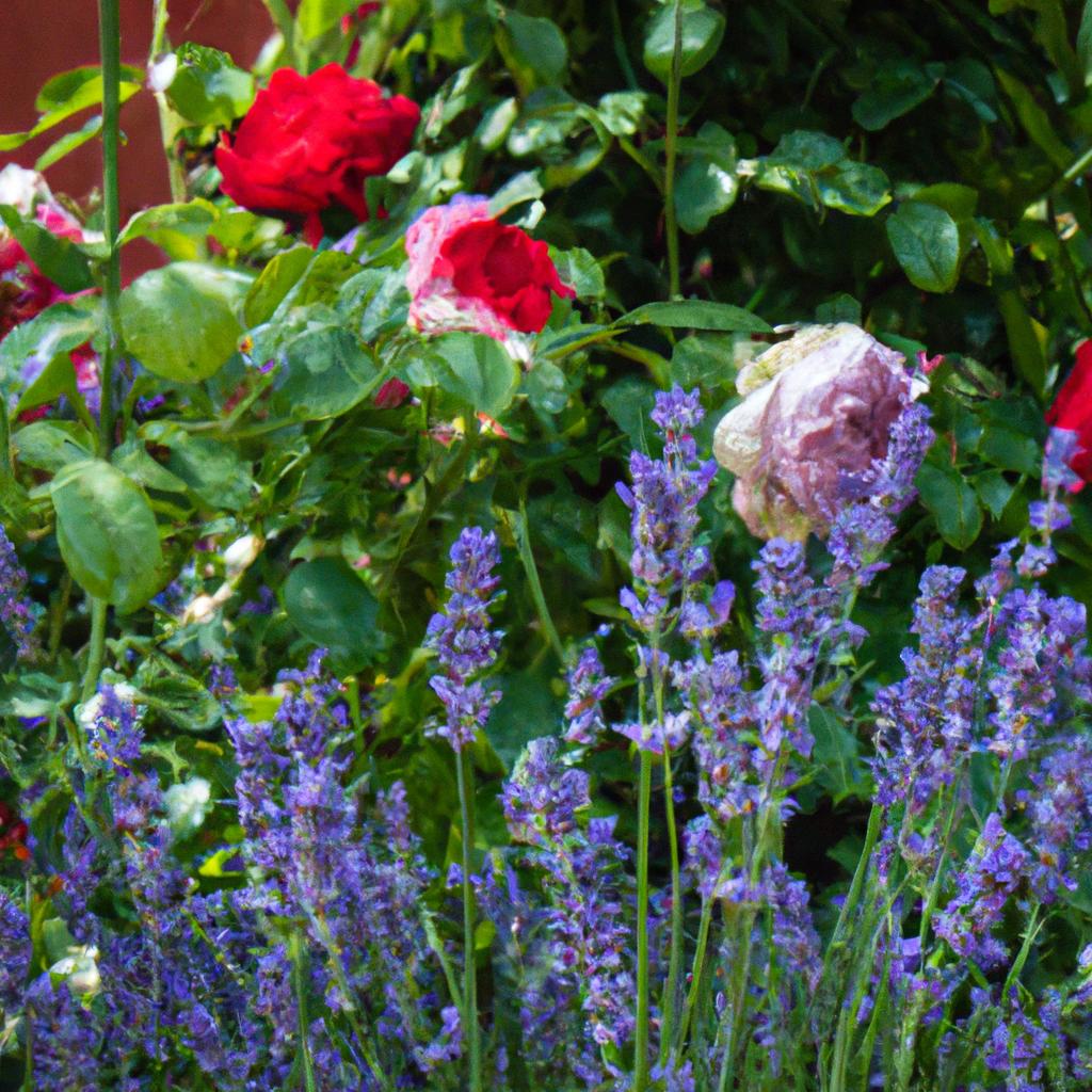 A burst of colors with vibrant roses and fragrant lavender in a 1920s garden.
