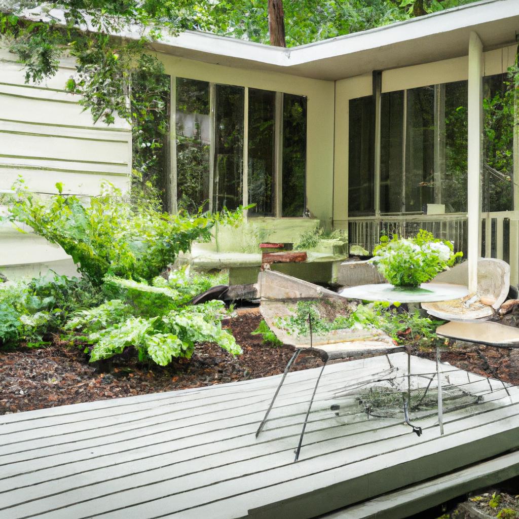 A cozy outdoor living area blends harmoniously with the garden's lush greenery.
