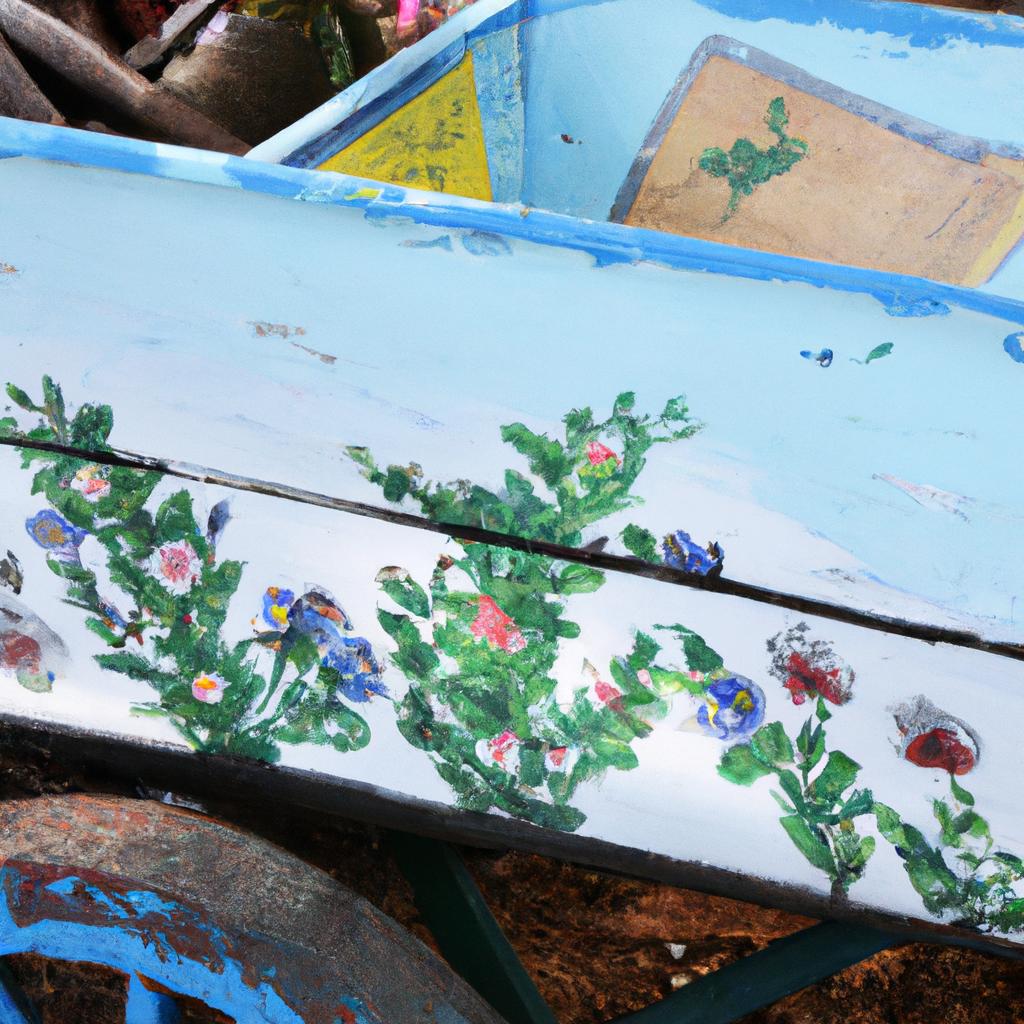 A beautifully aged wooden wheelbarrow adorned with hand-painted floral motifs.