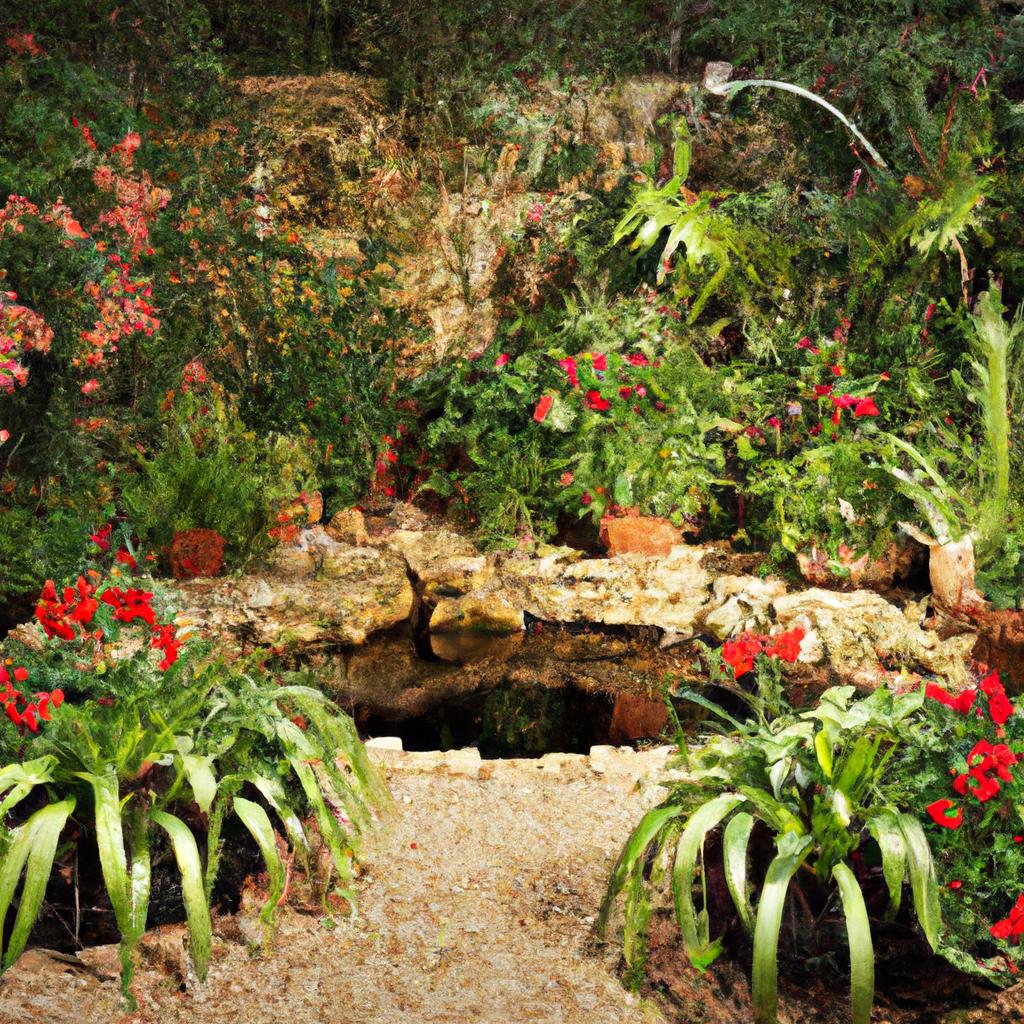 A serene 1930 garden with a picturesque water feature and charming outdoor structures.