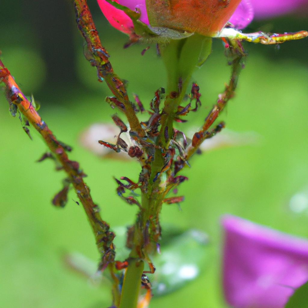 Aphid infestation on a rose bush in a Missouri garden.