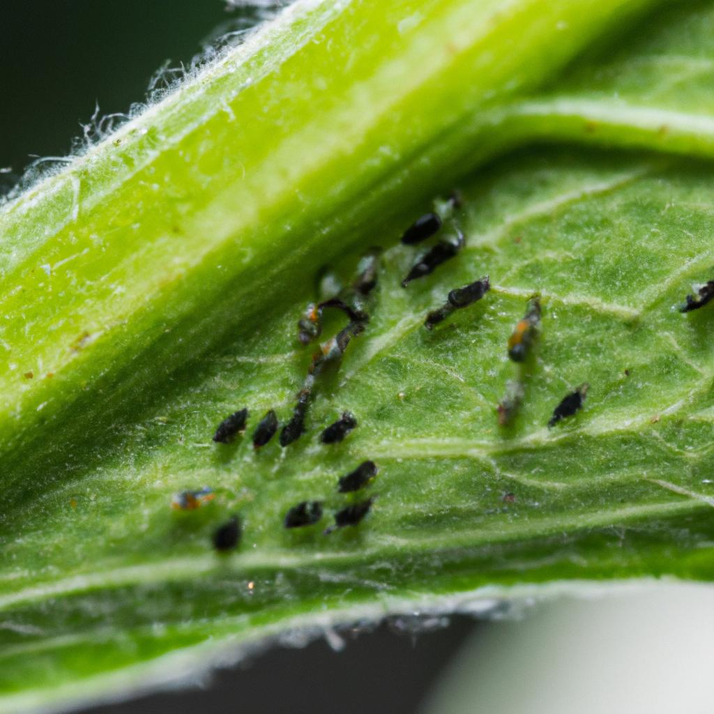 Close-up of aphids with black dots found on the undersides of plant leaves.