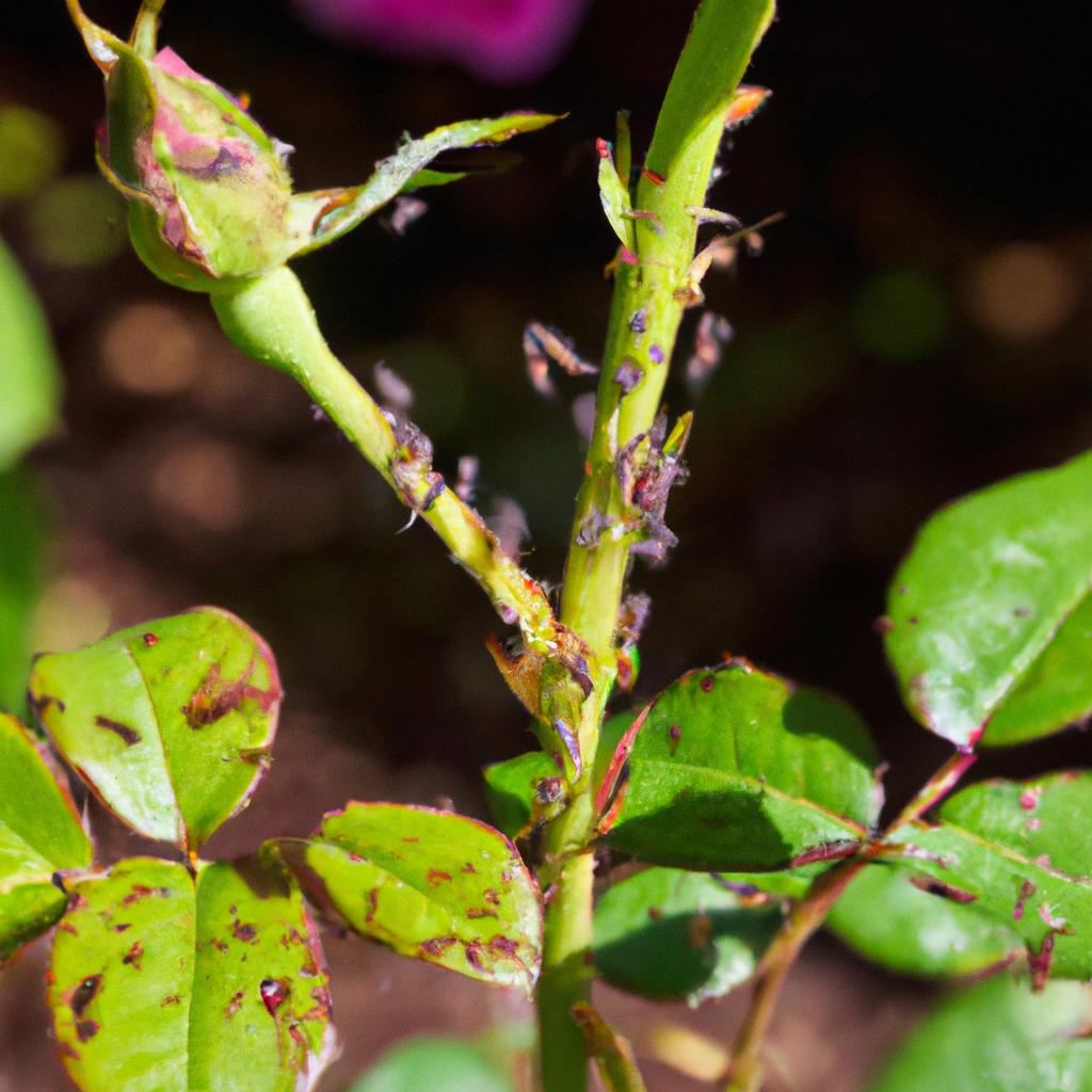 Aphids infesting a rose bush in a Minnesota garden.