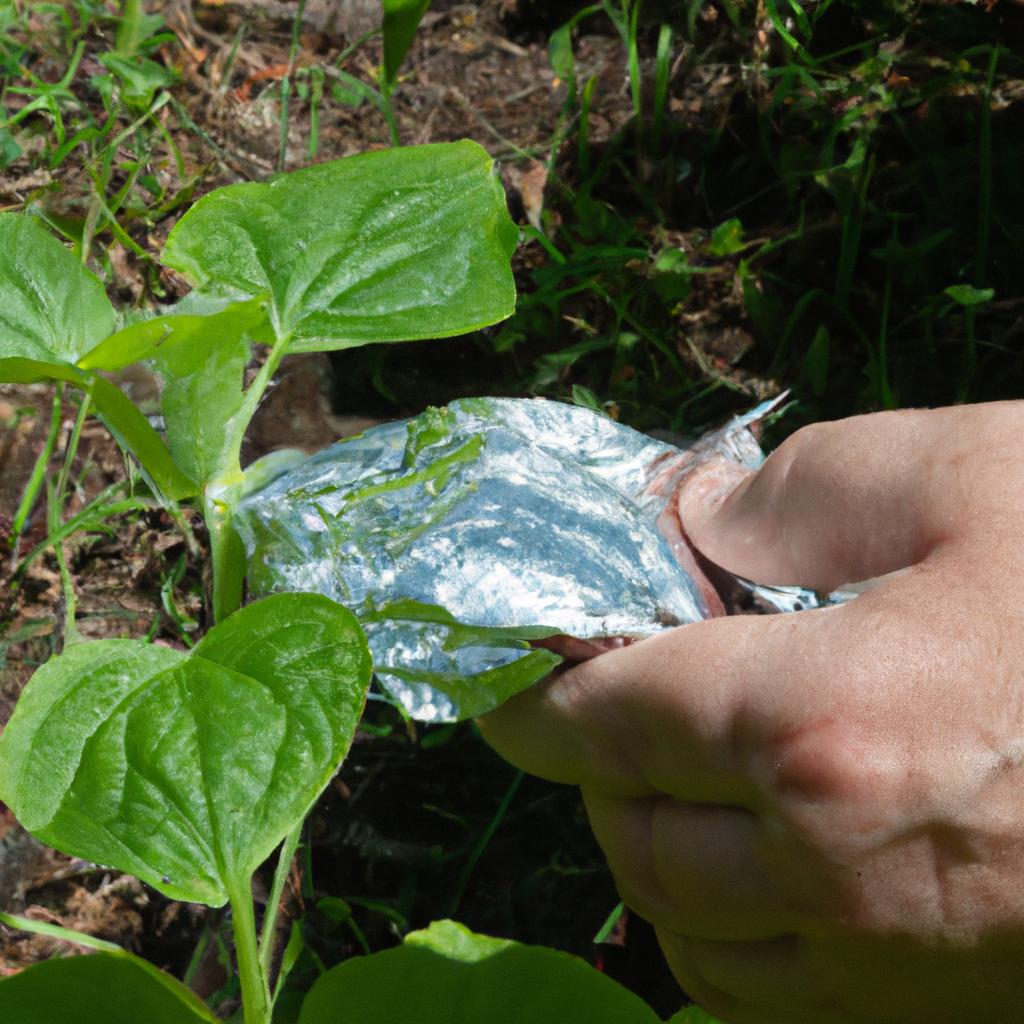 Protective measure: Applying aluminum foil around a cucumber plant to ward off pests.