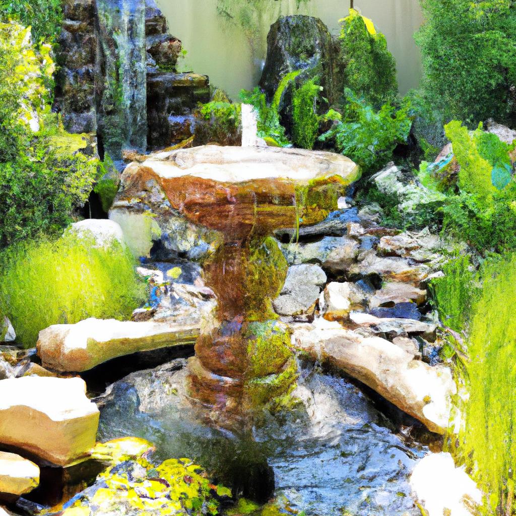 Create a peaceful retreat with a Feng Shui fountain and lush green surroundings.