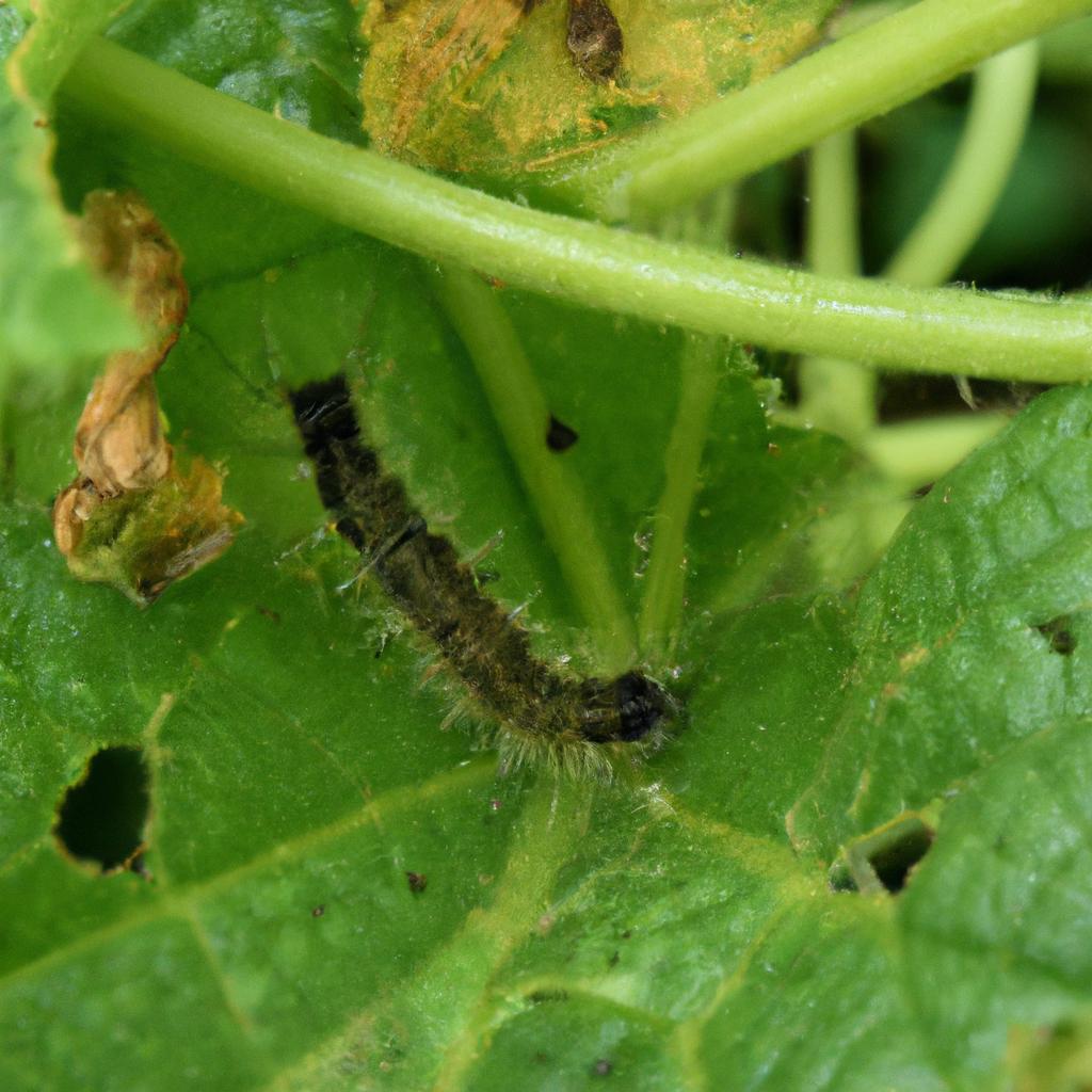 Caterpillar on a cucumber plant, posing a threat to its growth.