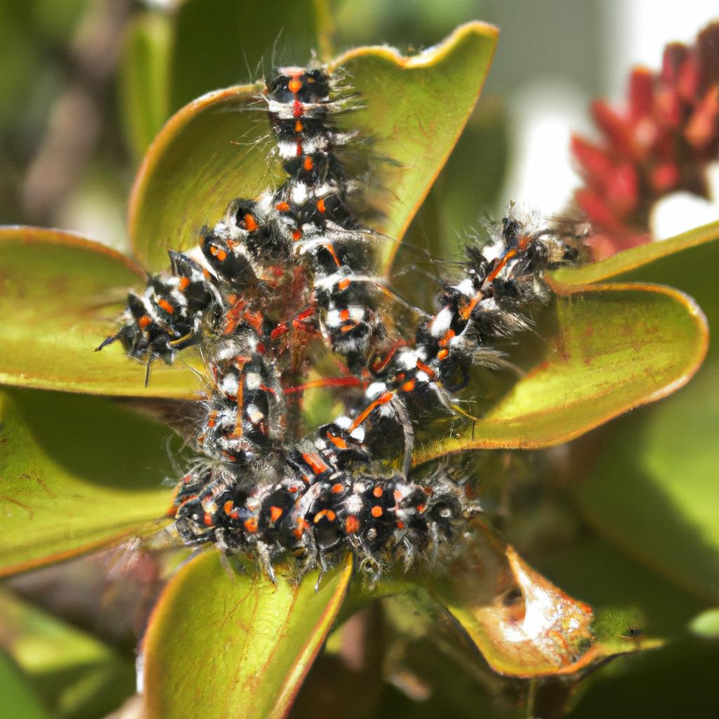 Caterpillars causing severe damage to a flowering plant in an Australian garden.