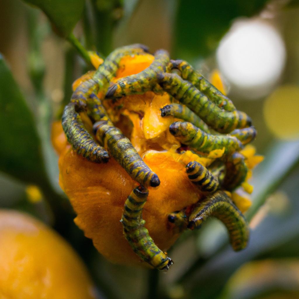 Caterpillars devouring an orange fruit in an outdoor garden.