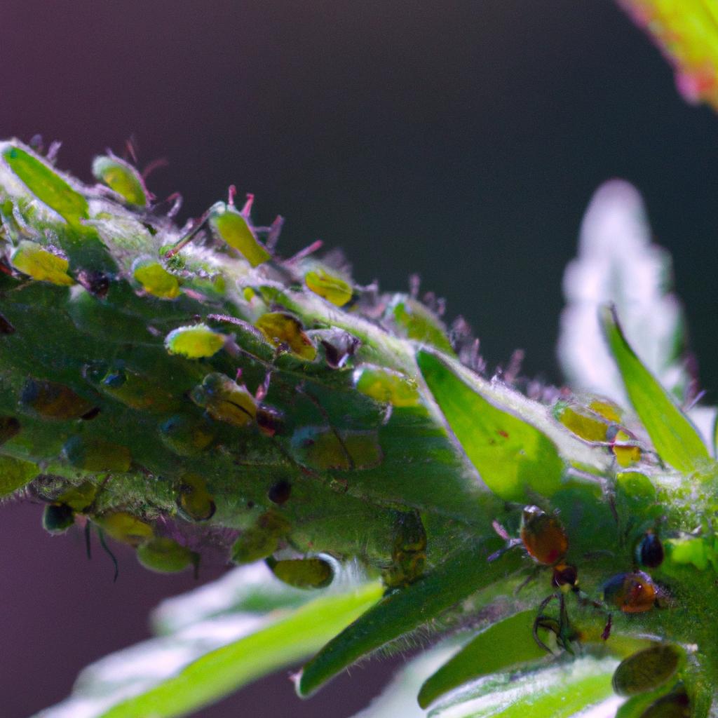 Aphids feeding on the leaves of a plant in an Australian garden.