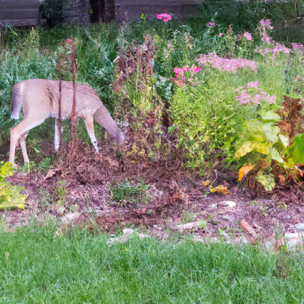 A deer feeding on plants in a Missouri garden, leaving a trail of destruction.