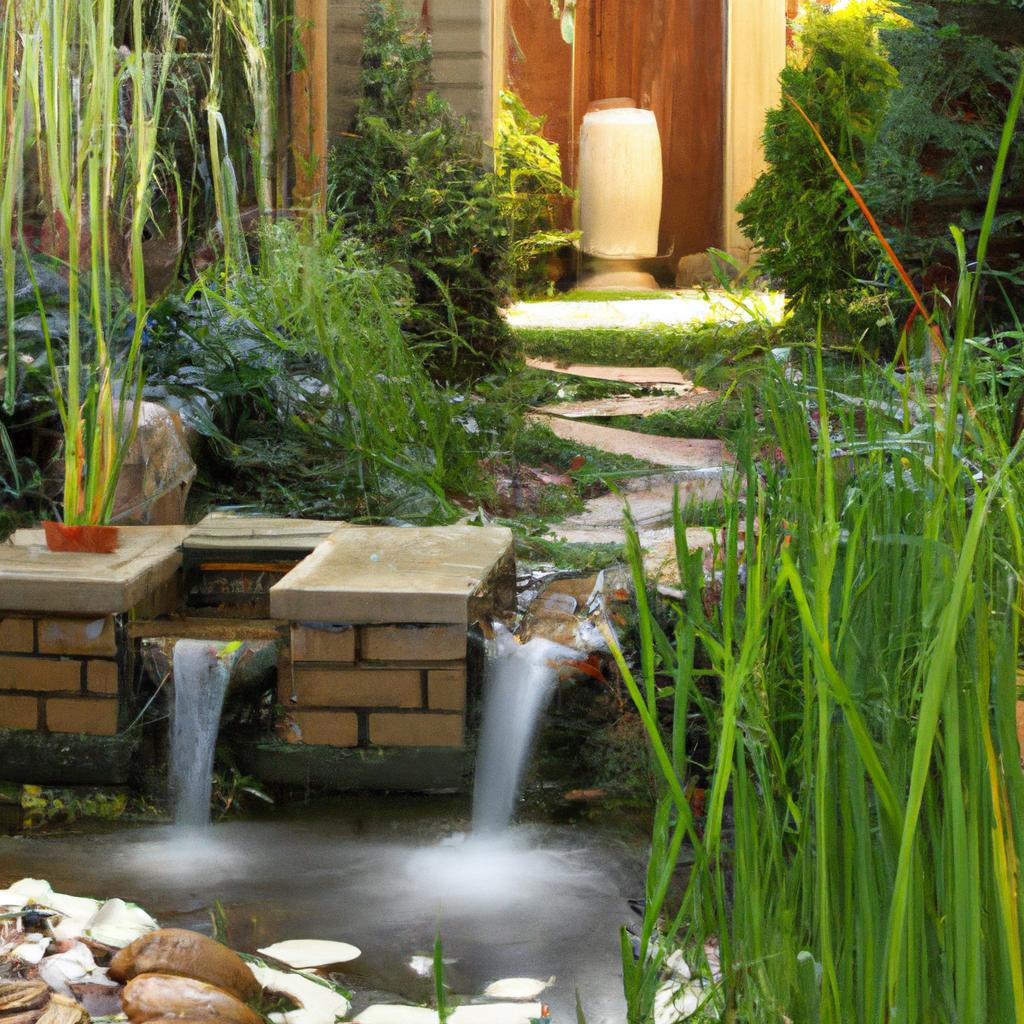 A tranquil entrance to a front yard feng shui garden, with a soothing water feature and abundant greenery.