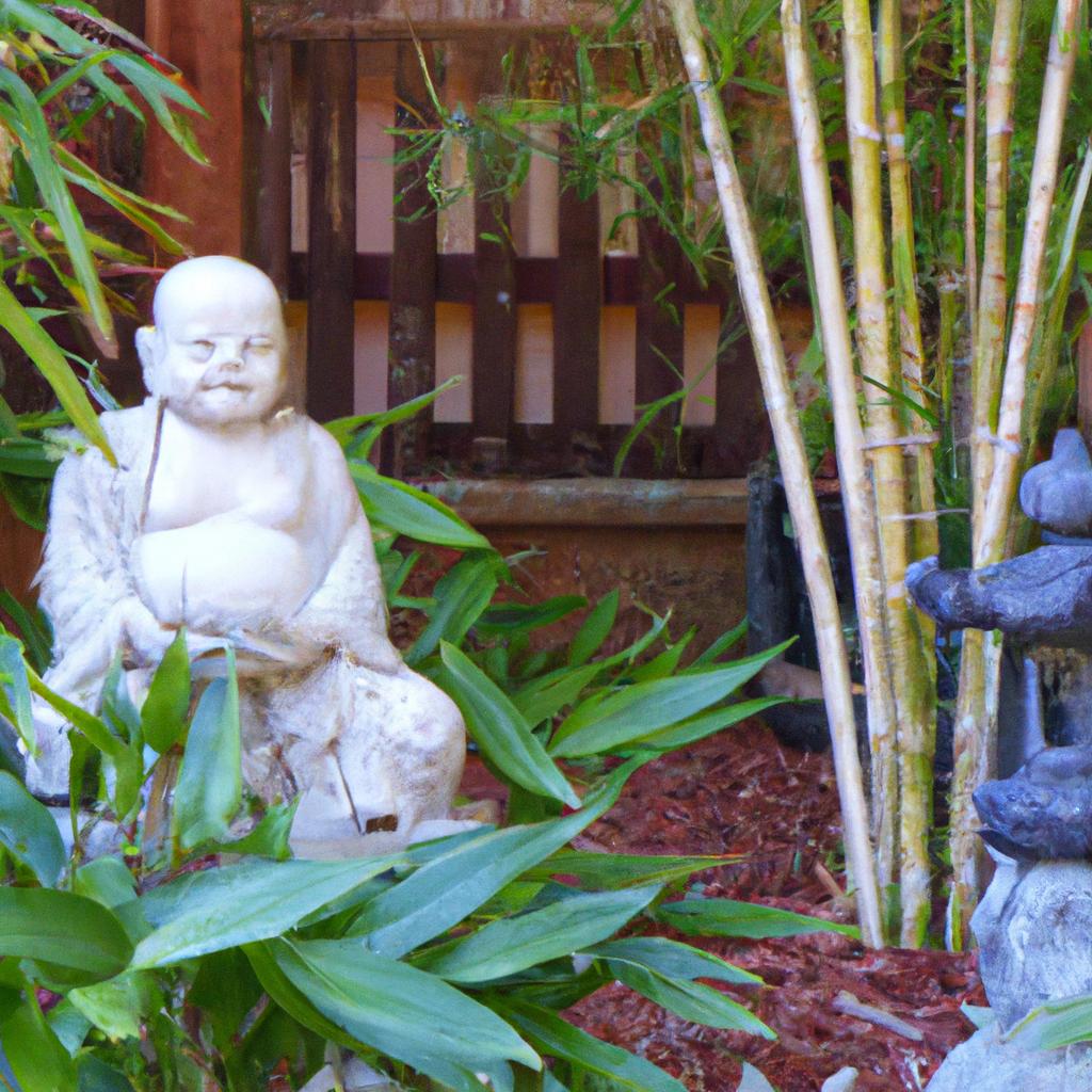 A serene front yard feng shui garden adorned with a strategically positioned statue, promoting harmony and peace.