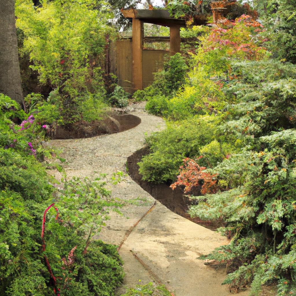 A front yard feng shui garden featuring a meandering pathway that leads to a serene meditation spot amidst abundant greenery.