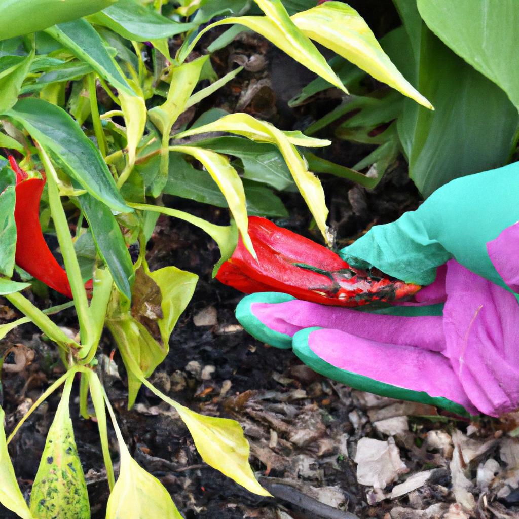 Protective gloves should be worn when applying red pepper flakes in the garden.