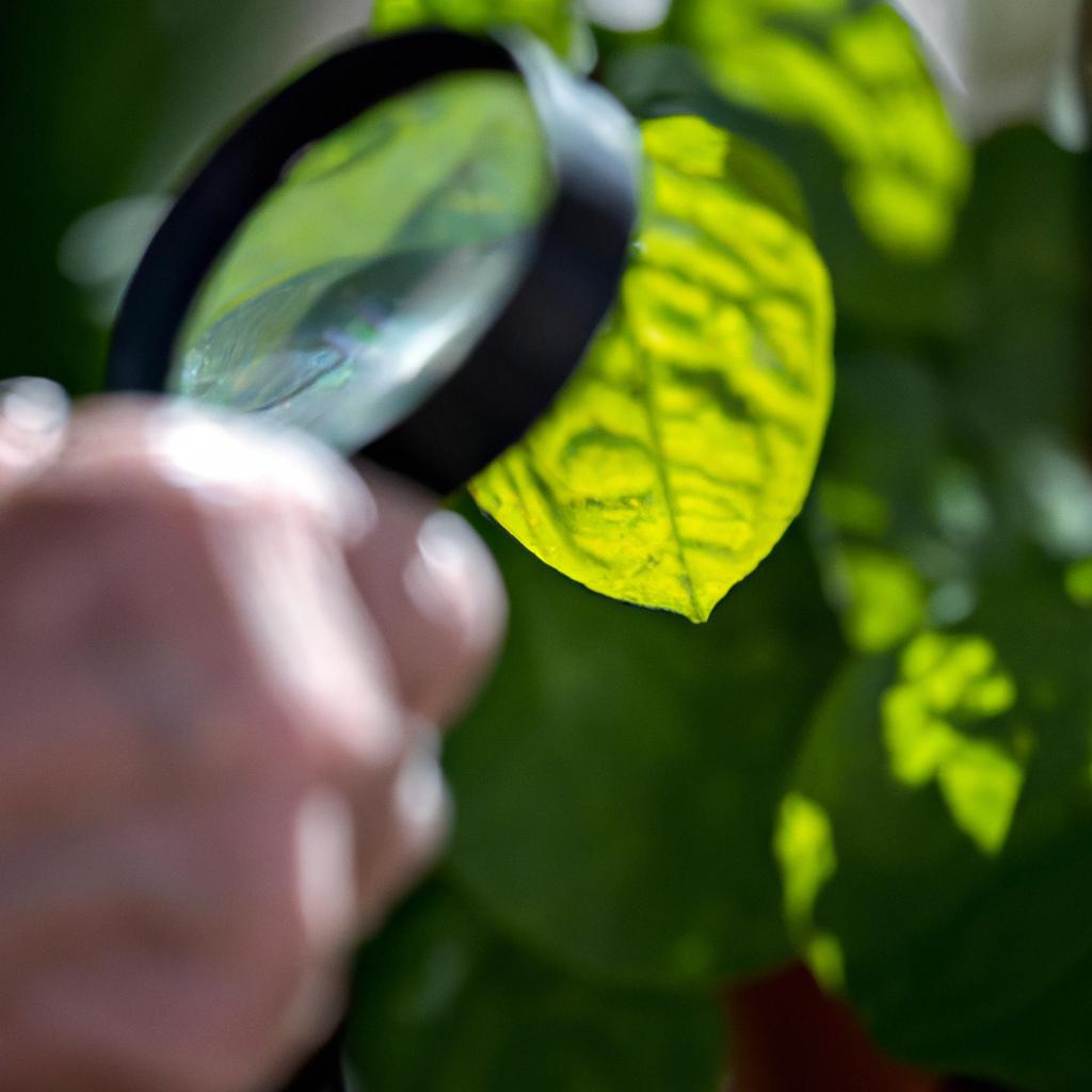 A gardener carefully examining a leaf, searching for signs of the elusive garden pest.