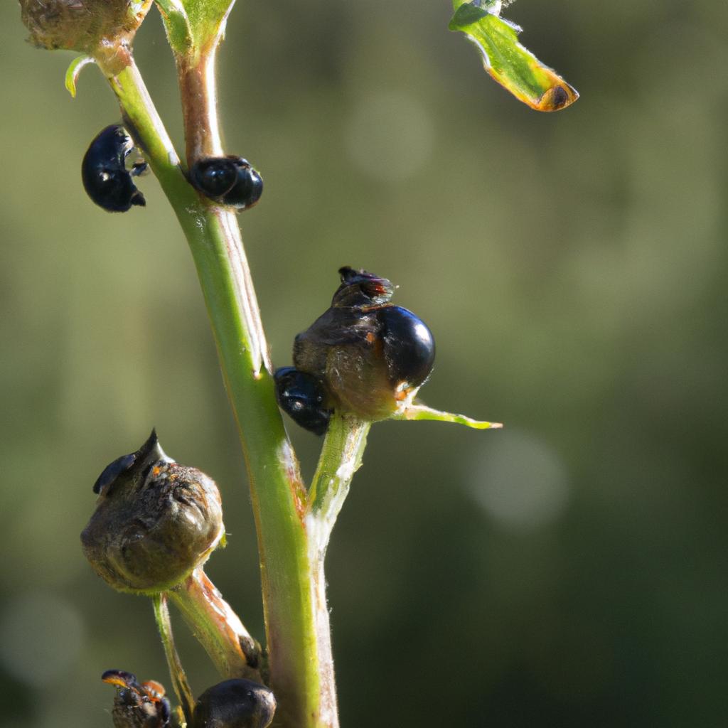 A cluster of fall garden pests on a plant stem.