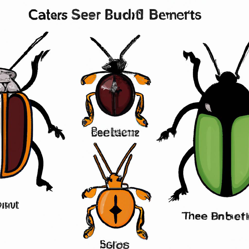 A visual guide showcasing various garden pest beetles and their unique physical traits.