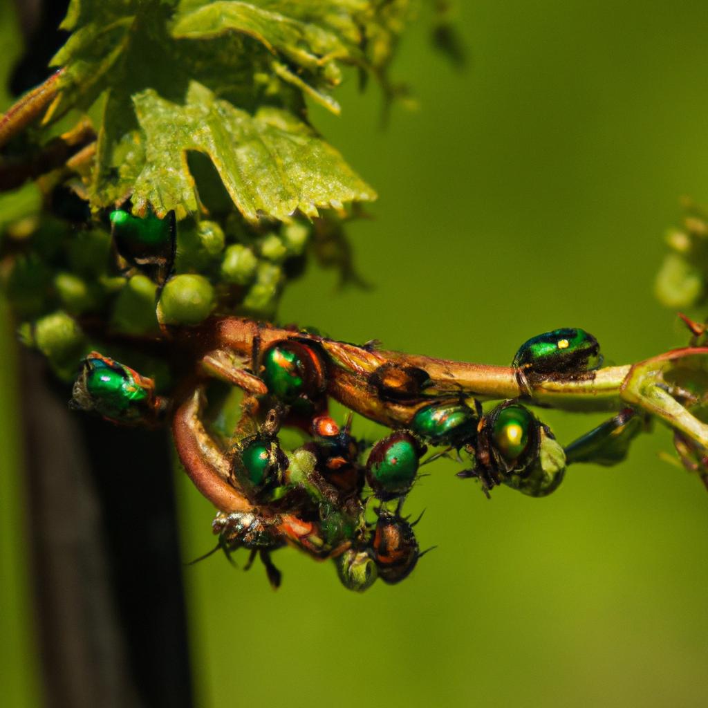 Japanese beetles swarming on a grapevine in a Minnesota vineyard.
