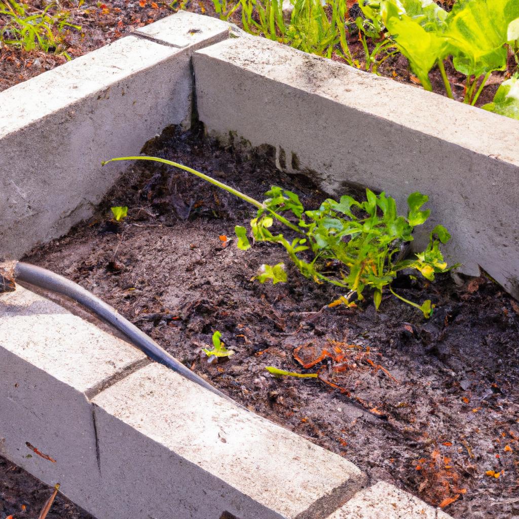 Harvesting fresh produce from a well-maintained raised garden bed constructed with concrete blocks.