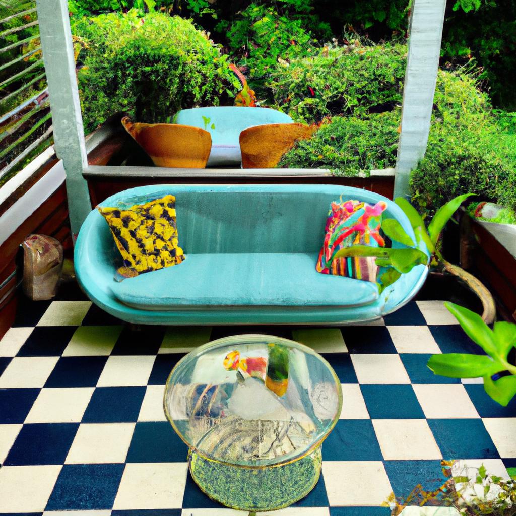 Retro furniture, bold patterns, and vibrant pops of color transport you to the 1960s in this nostalgic garden design.