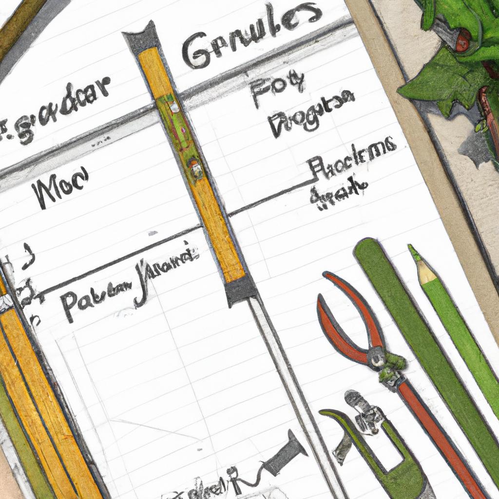 A garden planner sketch showcasing organized garden tools and plants.