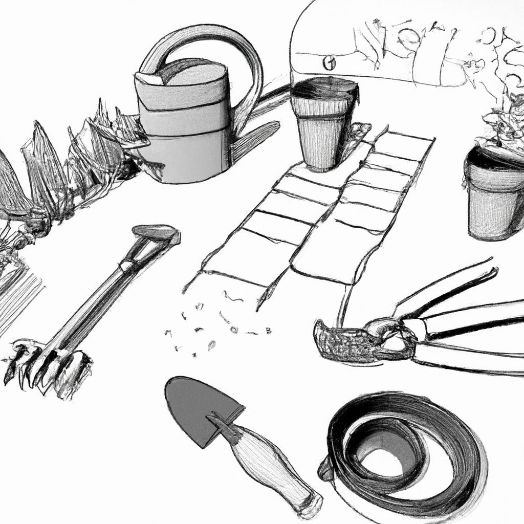A perspective drawing highlighting the garden layout and placement of various garden tools.
