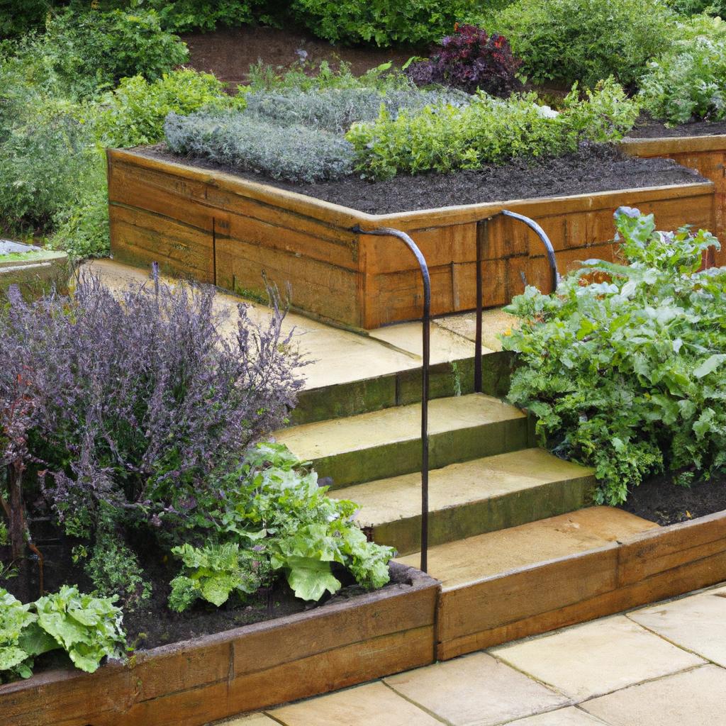 Fresh herbs and vegetables thriving in a well-organized 2 tier garden.