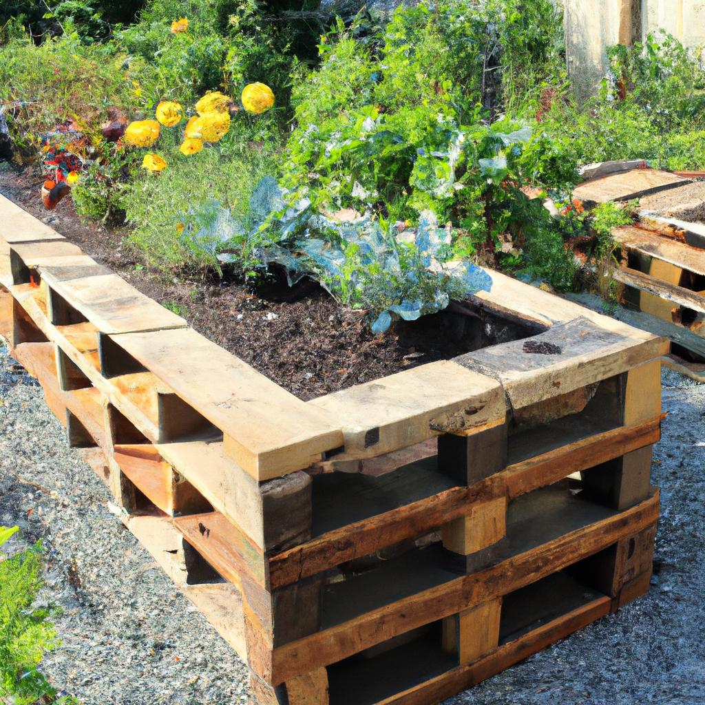 Sustainable gardening: a raised garden bed crafted from reclaimed wooden pallets.