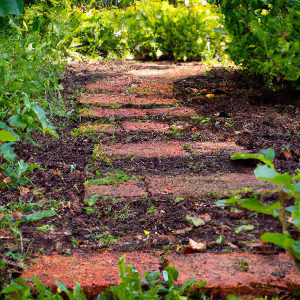 Walking the sustainable way: a picturesque garden pathway crafted from recycled bricks, evoking a rustic ambiance.