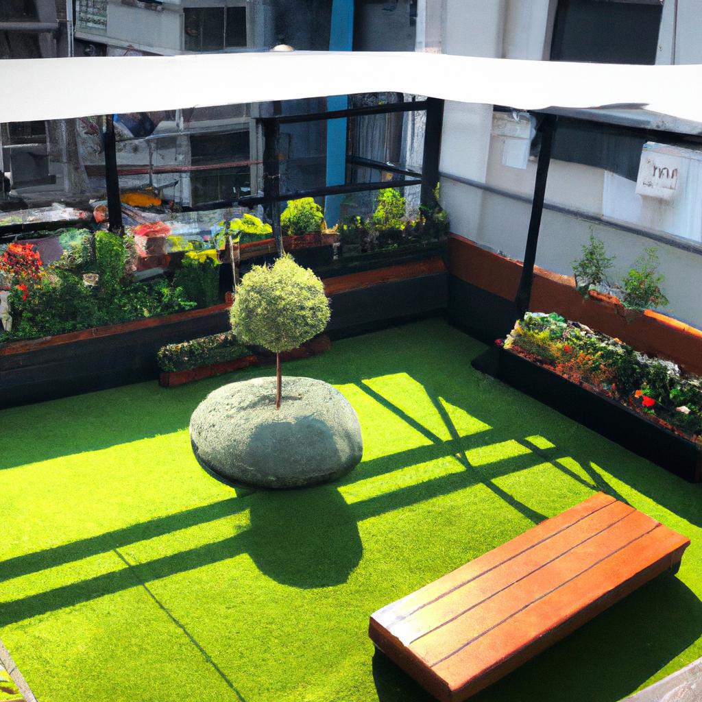 Relaxing rooftop retreat with artificial grass and comfortable seating.
