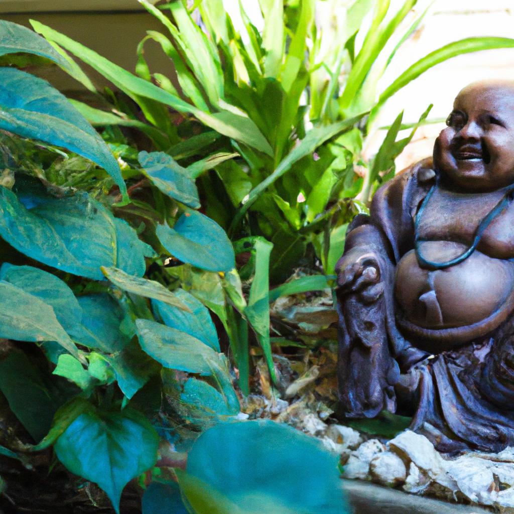 The laughing Buddha feng shui garden statue radiates joy and positive energy throughout the space.