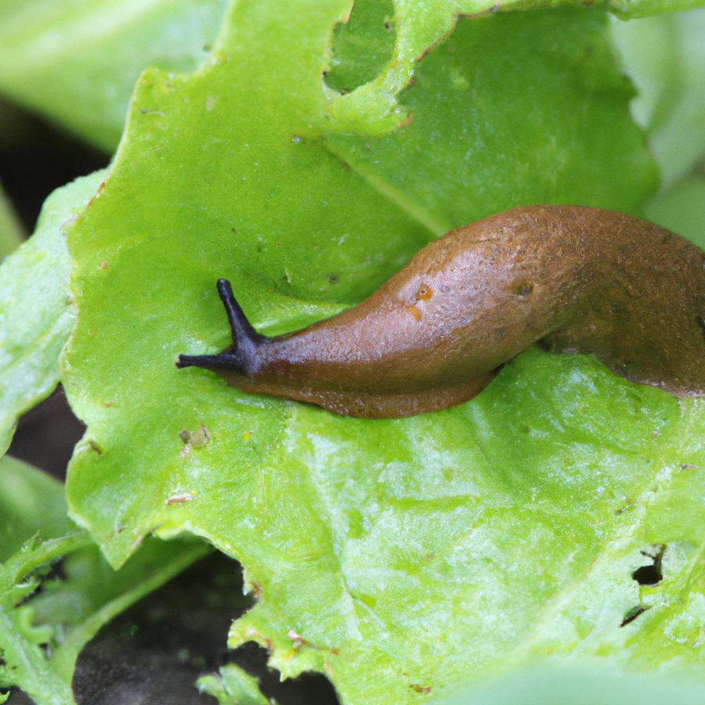 A slug feasting on lettuce leaves in a Minnesota vegetable patch.