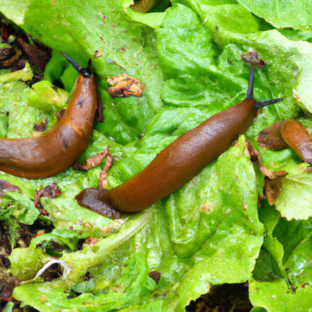 Slugs devouring lettuce leaves in a garden in the UK.