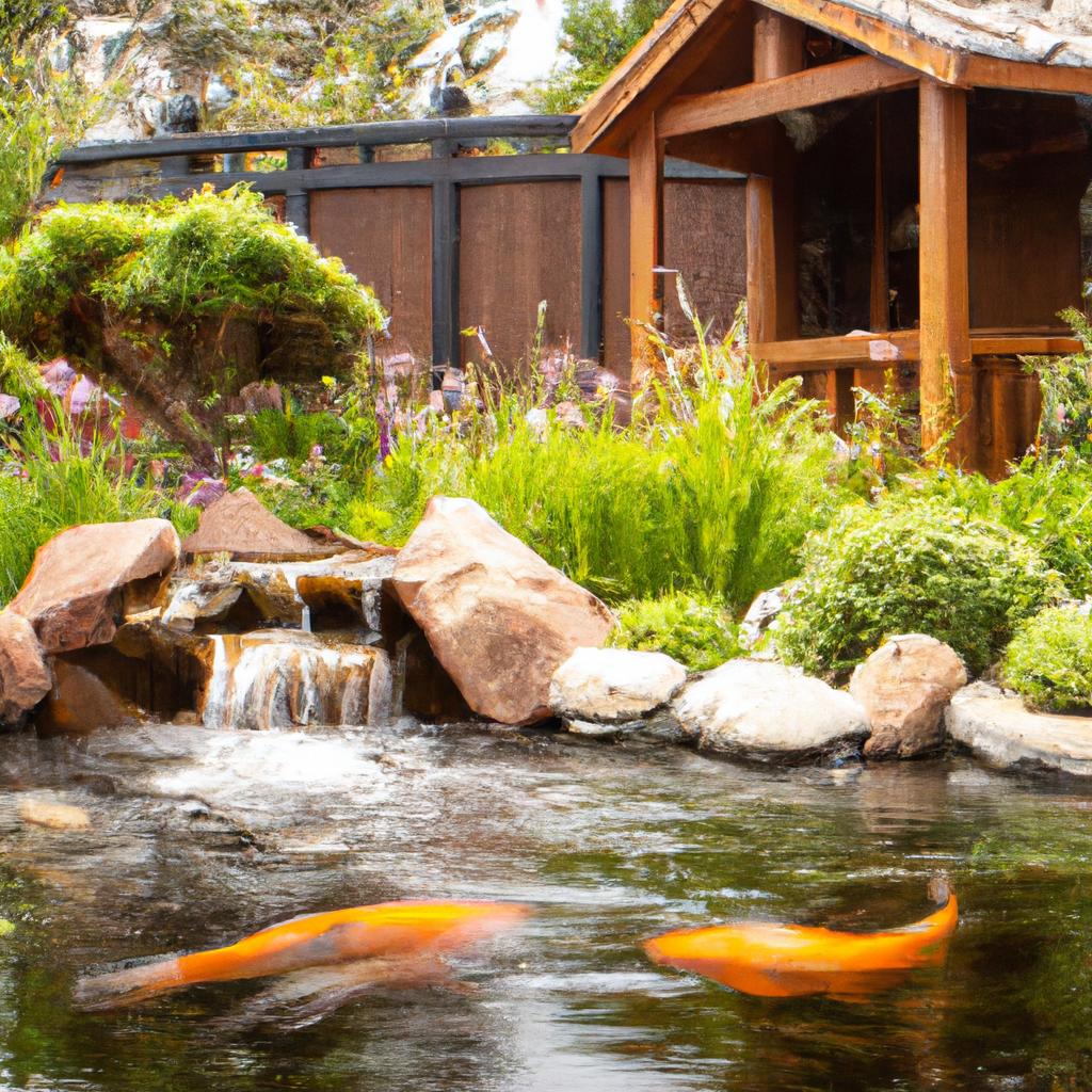 The soothing sounds of the waterfall in this feng shui pond create a peaceful ambiance.