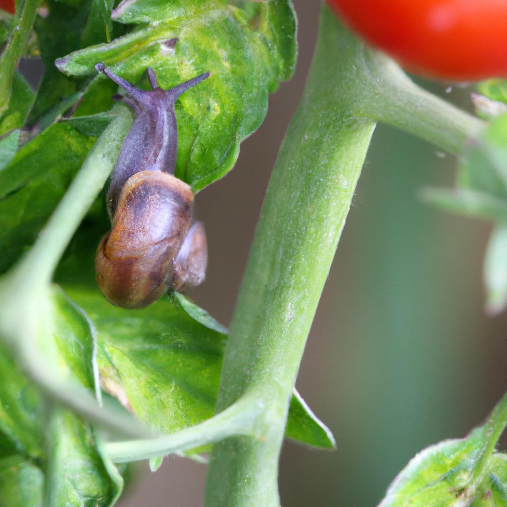 A snail slowly moving on a tomato plant in a garden in the UK.