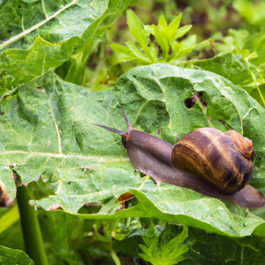 A snail making its way through a vegetable patch in a Missouri garden.