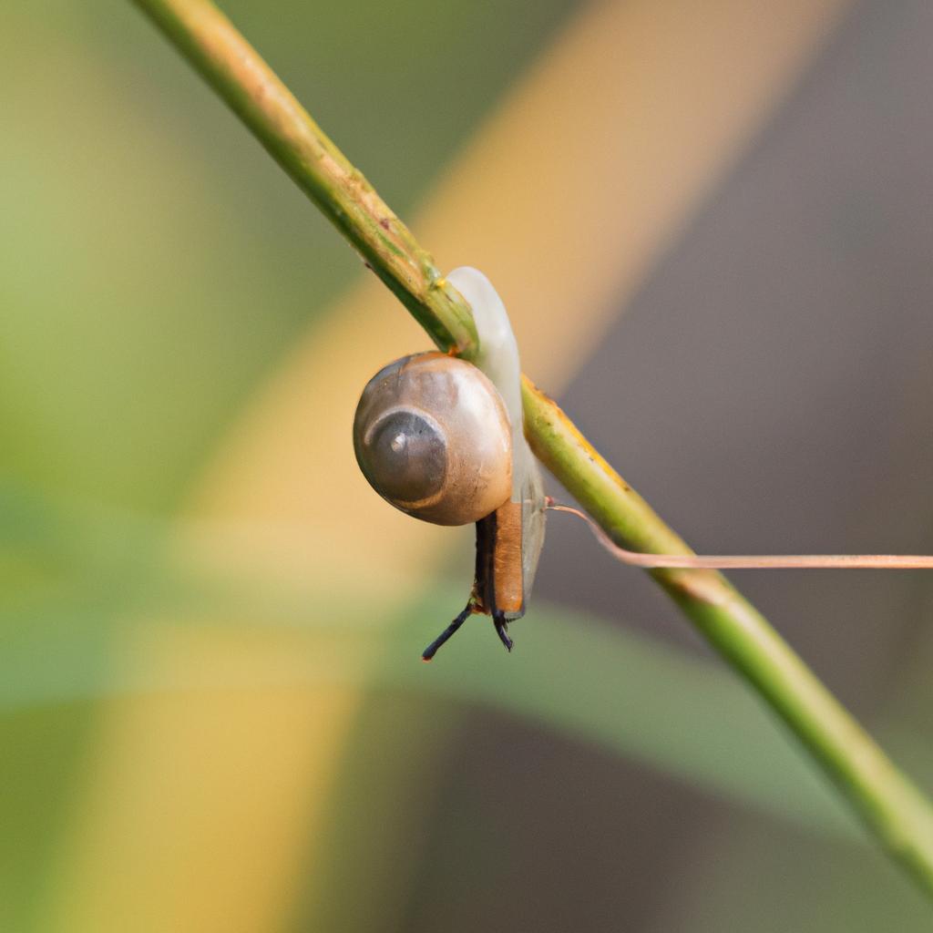A snail slowly making its way up a plant stem in a garden of the Pacific Northwest.