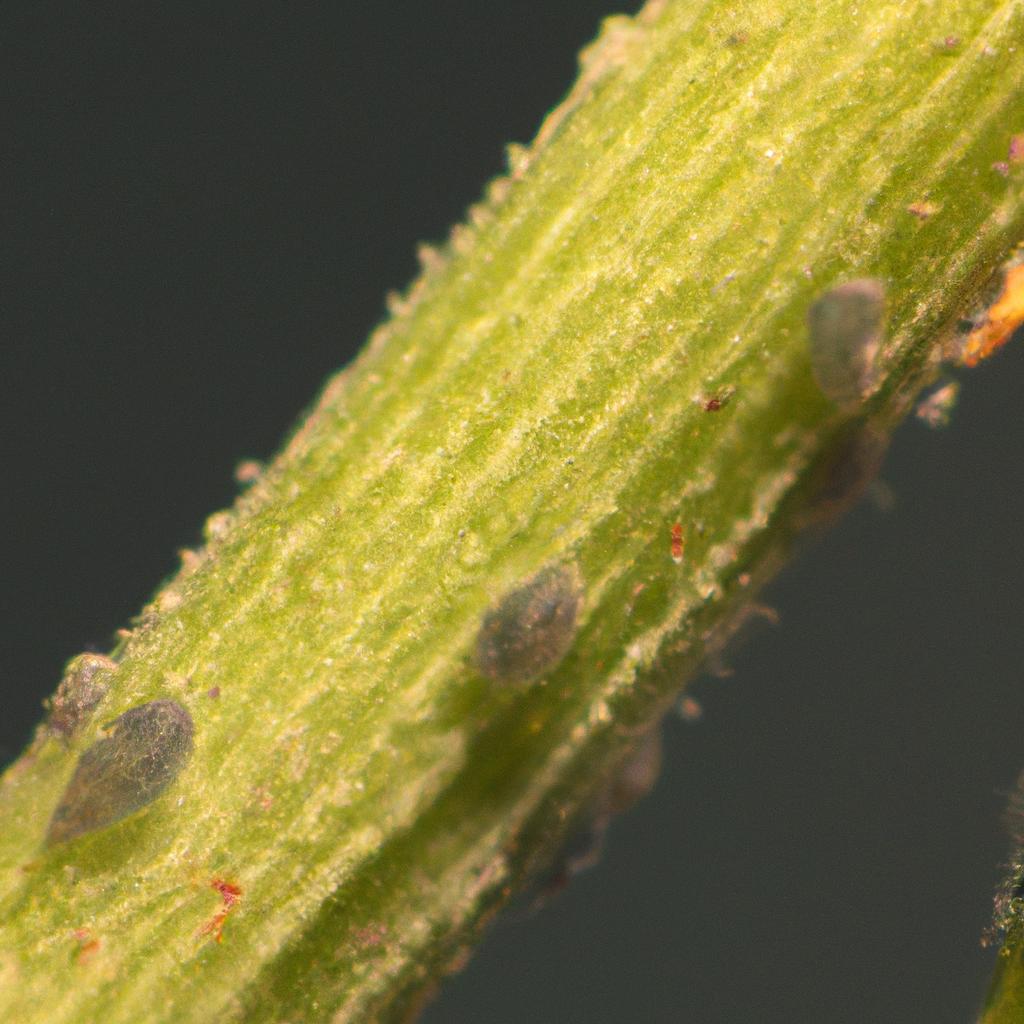 Spider mites with black dots infesting a plant stem.