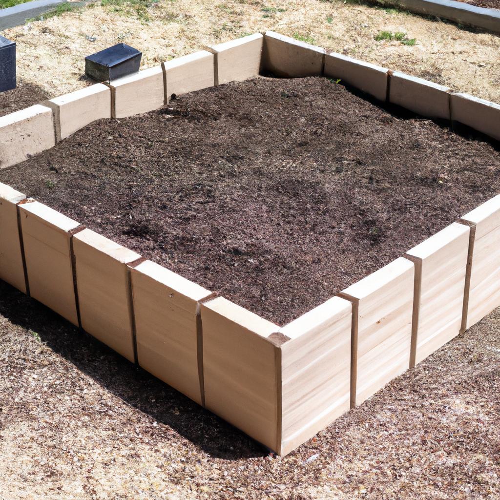 Building a raised garden bed with concrete blocks: Layering the blocks securely and preparing the soil mixture.