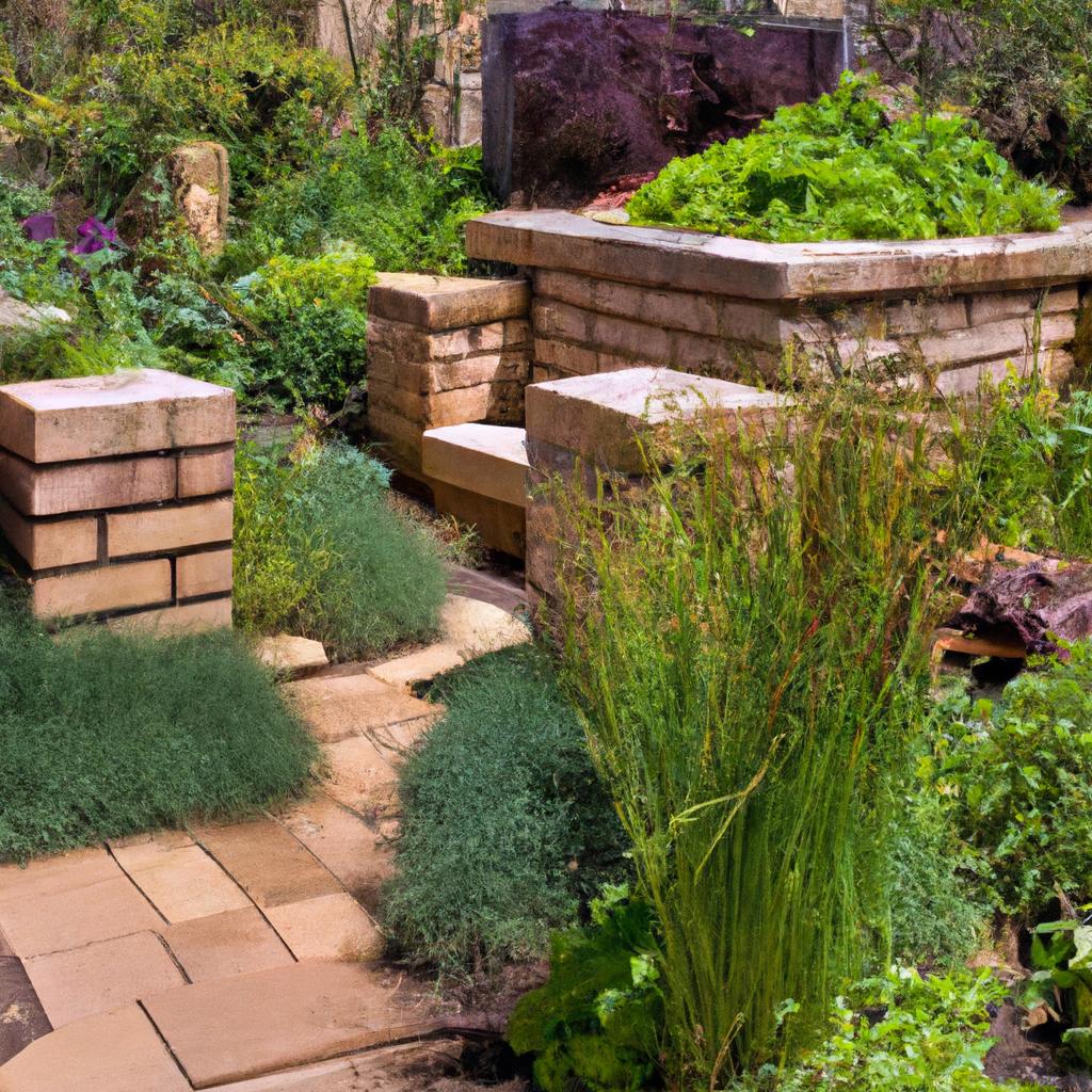 A blend of traditional and modern elements in a 1930 garden featuring innovative materials.