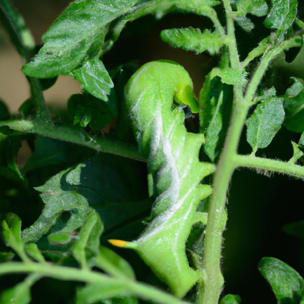 Tomato hornworm on a tomato plant leaf in a Michigan garden.