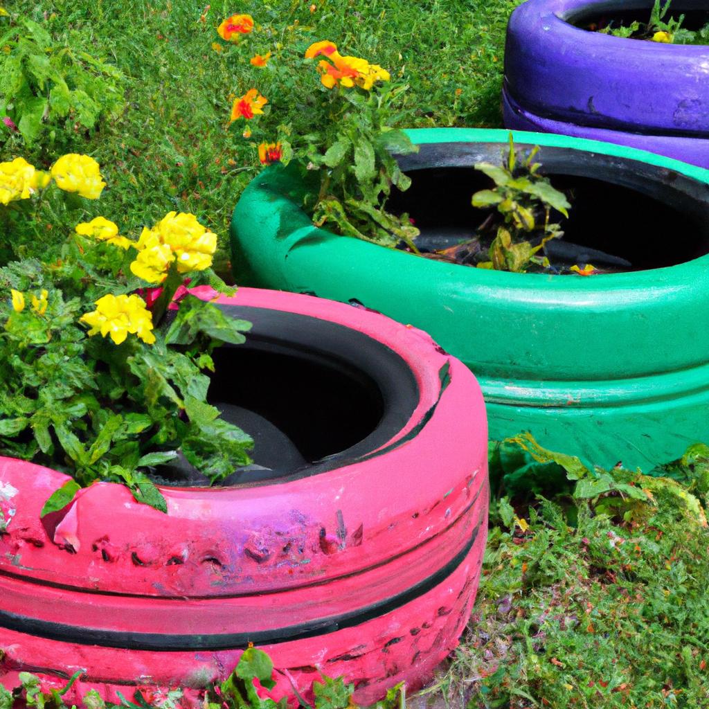 Reviving old tires: vibrant flower pots created from recycled materials, adding charm to the garden.