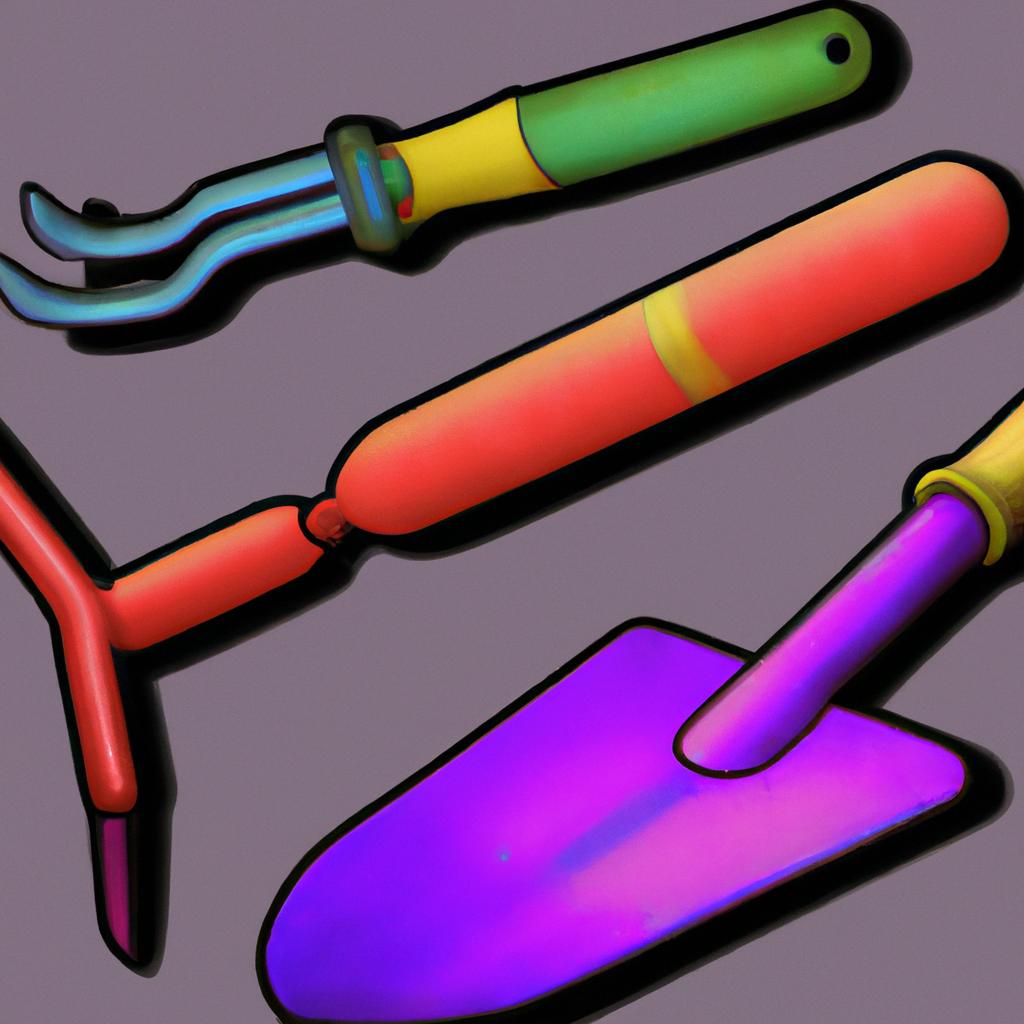 A vividly colored garden tools illustration with shading and textures for a realistic effect.