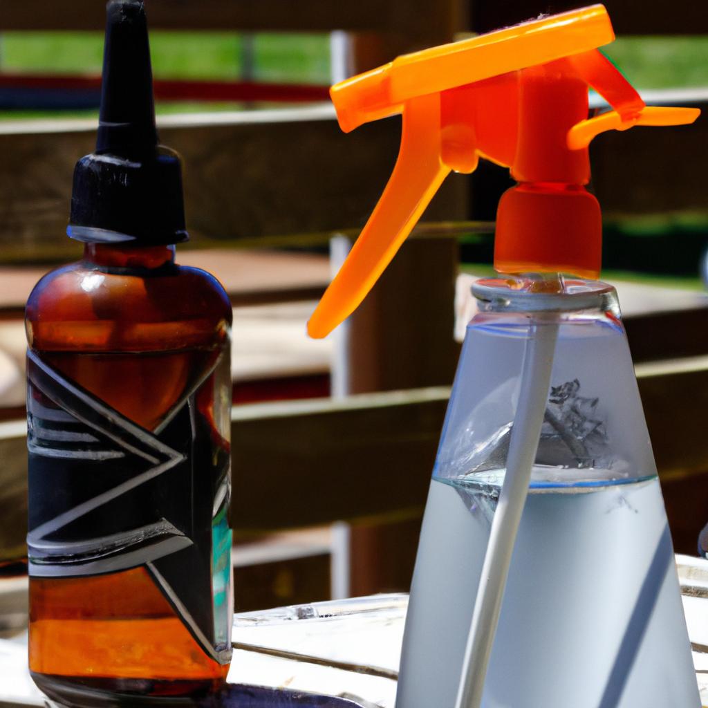 Spraying vinegar solution on garden tools for disinfection