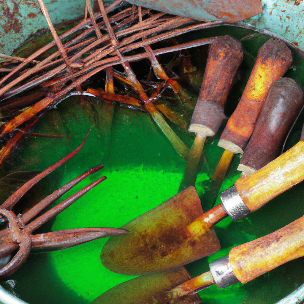 Rusty garden tools being soaked in vinegar for disinfection