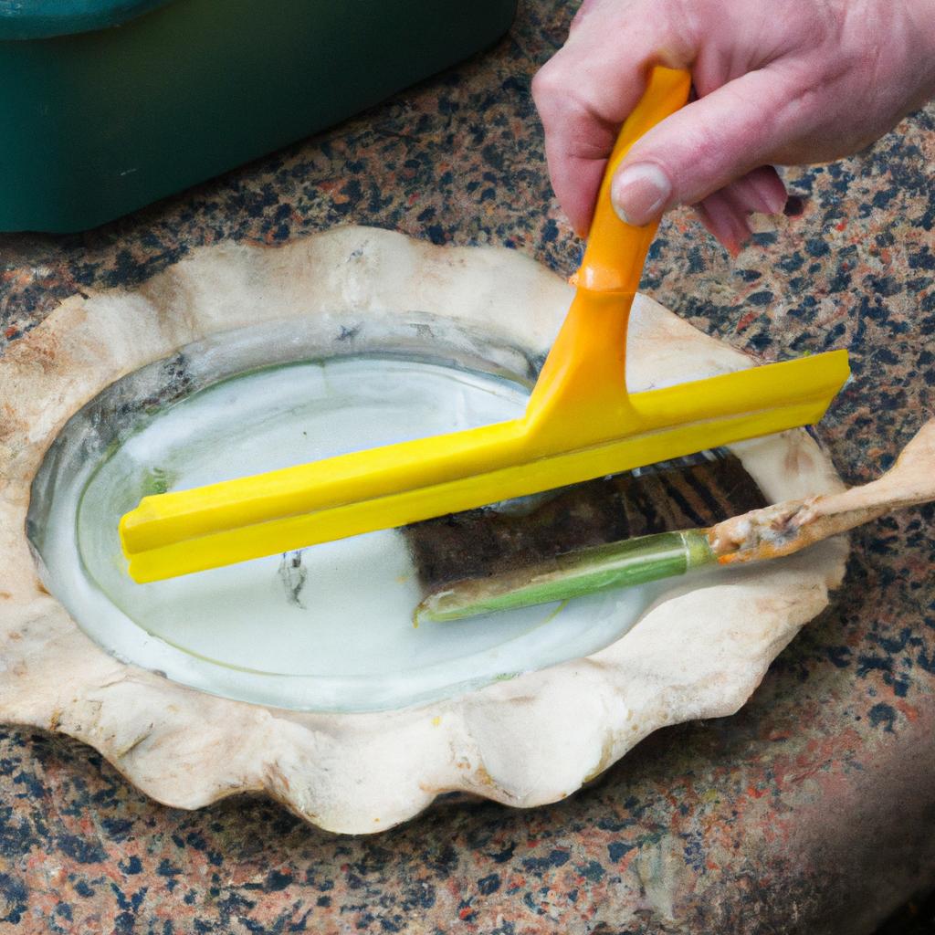 Gardener cleaning a trowel with vinegar solution