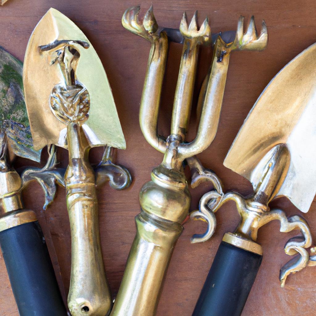 A selection of vintage brass gardening tools showcasing intricate floral patterns.